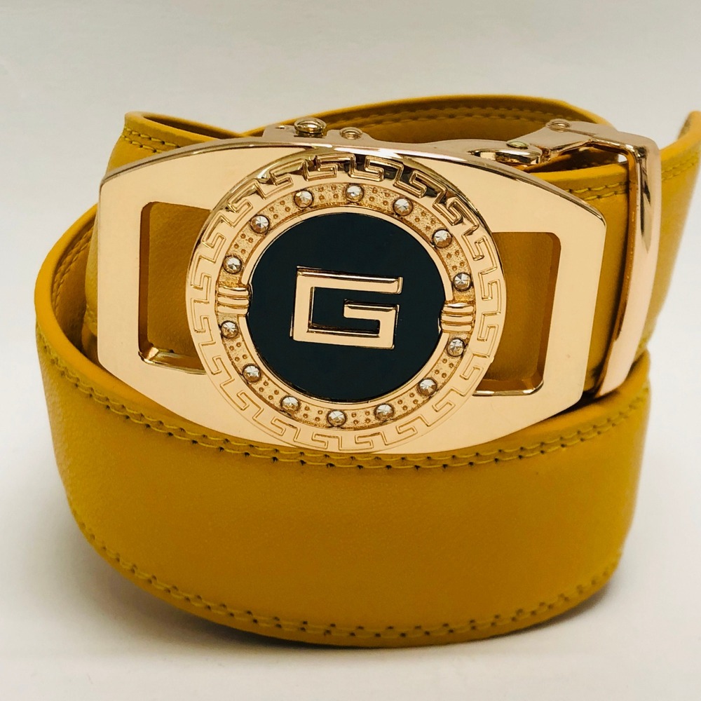 Gold Buckle Leather Mustard Belt‎ Designer Style Fashion Belt Automatic Buckle